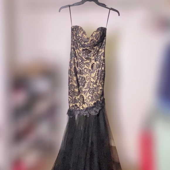 Alyce Paris Claudine, Black Nude Lace Mermaid Strapless Designer Dress SZ 0 - Picture 1 of 16